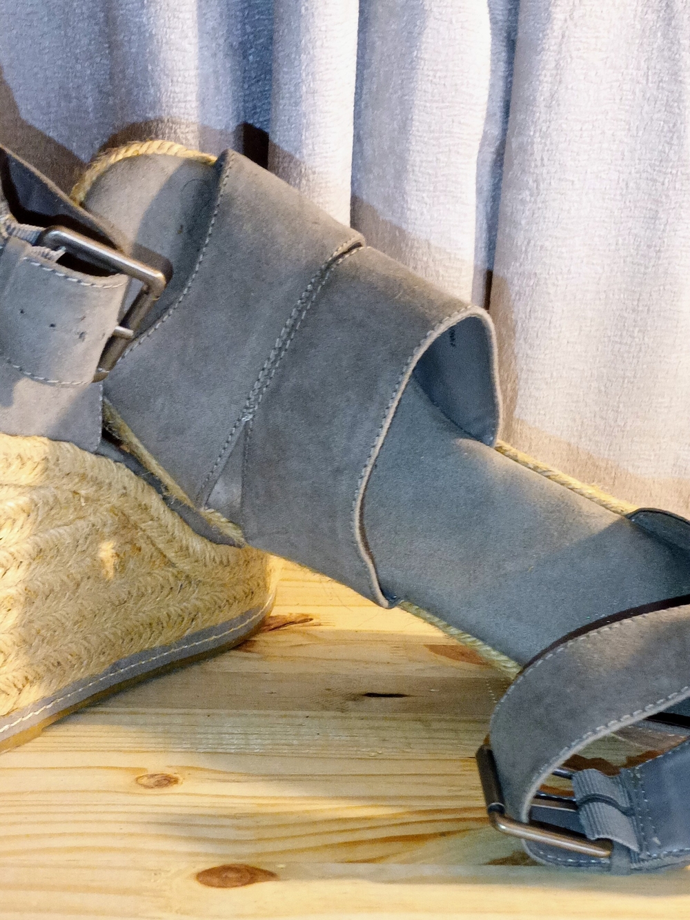 Gray Suede Espadrille Wedge Sandals with Buckle Detail